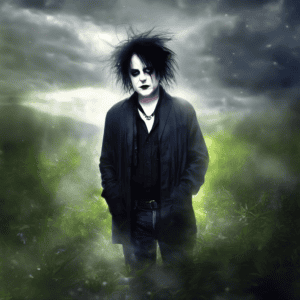 Robert smith, the cure, in black, stormy background